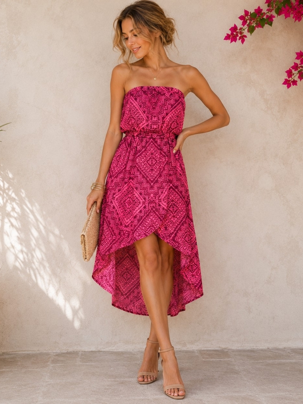 Bella D Size Large Pink Geometric Strapless High Low Dress